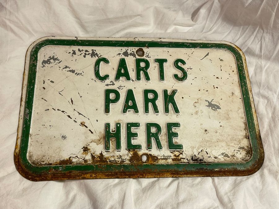 $83.50 Vintage Heavy Embossed Metal CARTS PARK HERE Golf Course Sign Advertising added by Morgan Hatch