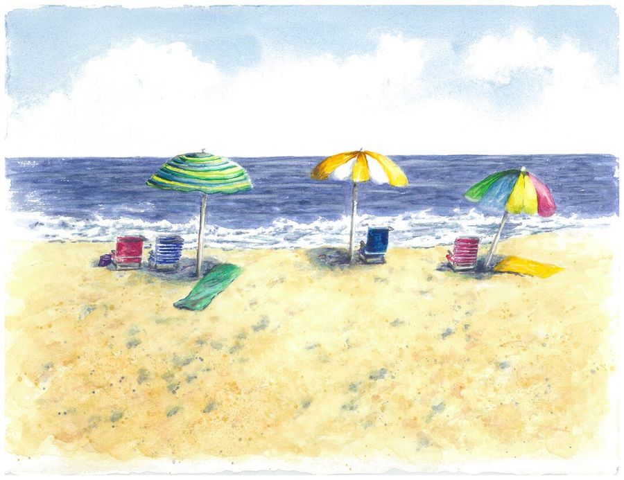 Beach Umbrellas Original Painting: Beach Watercolor, Beach Umbrella, Ocean Painting, Summer Art, Original Watercolor - Etsy added by Carol Matula