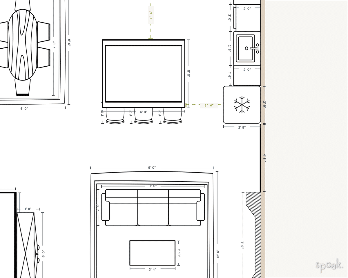 Rectangular kitchen + living room layouts and floor plan ideas.