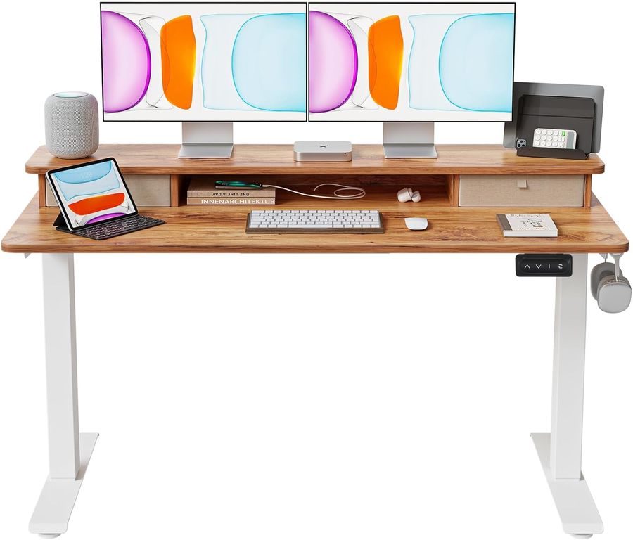55x24 Inch Electric Standing Desk with Double Drawers, Adjustable Height Stand Up Desk, Sit Stand Home Office Desk with Storage Shelf, Light Rustic Brown Top added by Victoria Weiss