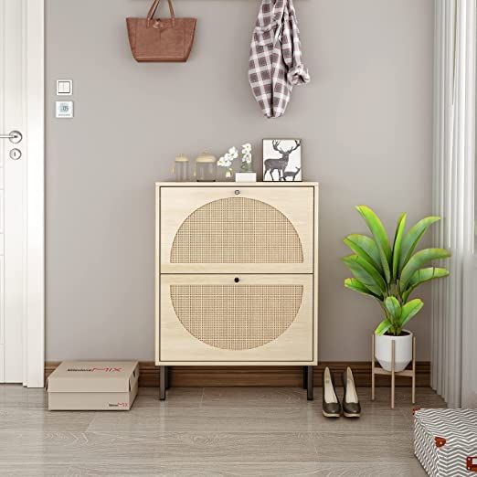 Natural Rattan Shoe Cabinet with 2 Flip Drawers, Free Standing Shoe Racks Storage Cabinet with Metal Legs, Shoe Organizers Entrance Hallway Shoe Rack Cabinet for Heels, Boots, Slippers (Natural) added by Corin Groustra
