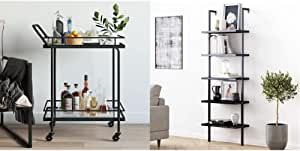 Nathan James Sally Rolling Bar or Cart for Tea or Cocktail, 2-Tiered Glass and Metal, Black & Theo 5-Shelf Black Modern Bookcase, Open Wall Mount Ladder Bookshelf with Industrial Metal Frame added by Caroline Niederst