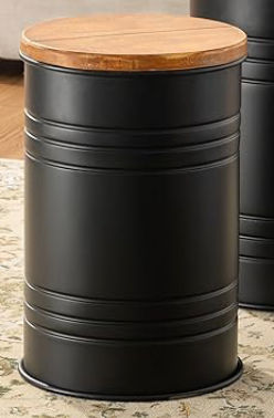 glitzhome Rustic End Table Set of 2, Farmhouse Galvanized Metal Barrel Ottoman Storage Stool with Round Wood Lid for Living Room Furniture, Black added by Lauren Gisriel