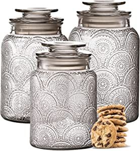 3pc Glass Canisters Set for Kitchen Counter with Airtight Lids - Retro Design - Pantry Organization Food Storage Containers for Cookies, Tea, Sugar, Candy Jars, Sugar Packet Holders, Great gift. added by Lindsi Everett