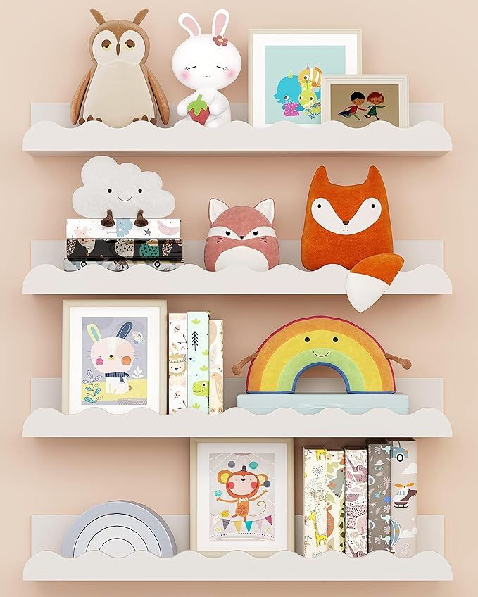 Kids' Bookshelf Set of 4 - White Floating Nursery Book Shelves, Picture Ledge Shelf for Wall Decor and Storage - Perfect for Books, Toys, Photo Frames, and Nursery Décor added by Hannah Brown