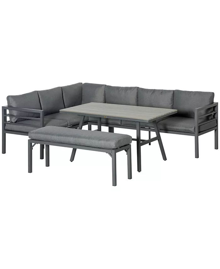 Patio Conversation Furniture Set, Seats 8, 4 Piece L-Shaped Outdoor Sectional Sofa with Dining Table, 2 Couches, Cushions and Bench, Heather Grey added by Katie Hoffman