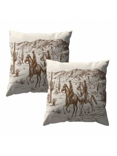 2pcs Hand Drawn Cowboy & Desert Country Style Pillowcases, Western Themed Linen Cushion Cover Without Pillow Core For Waist Protection, Suitable For Holiday, Outdoor, Farmhouse, Home Sofa, Bedroom, Living Room Decoration added by Janae Sullivan