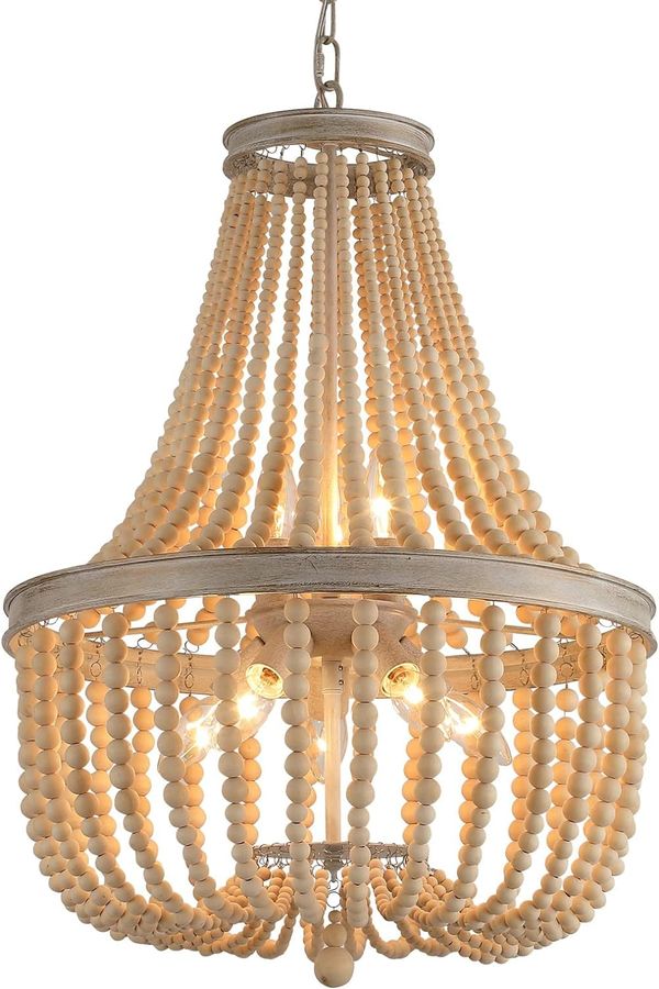 Q&S Farmhouse Wood Beaded Chandelier,Oak White 8-Lights Retro Vintage Antique Rustic Boho Pendant Light Fixture for Foyer Living Room Bedroom Kitchen Dining Room Office Nursery UL Listed added by Lauren Kunewa