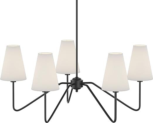 Electro bp;30" Dia 5-Arm Classic Chandeliers Matt Black with White Linen Shades,200W added by Dogwood Home Design