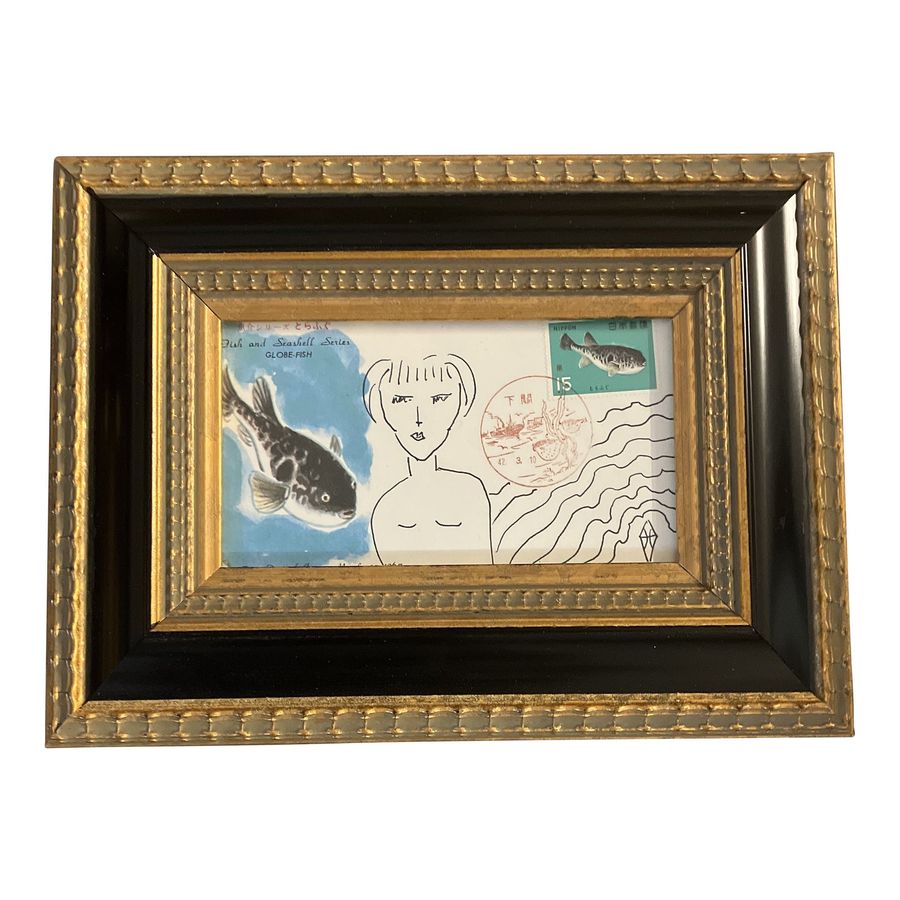 Contemporary Original Judy Henn Abstract Ink Drawing/Collage “First Day as a Blowfish “ Framed added by Sara Charlesworth