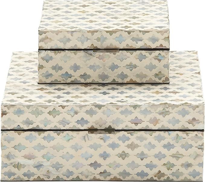 Deco 79 Mother of Pearl Handmade Box with Hinged Lid, Set of 2 12", 8"W, Cream added by Rachel Pecoy