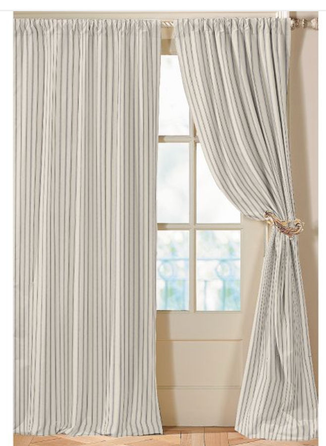 Custom Drapery in black ticking stripe added by Alethia Vitale