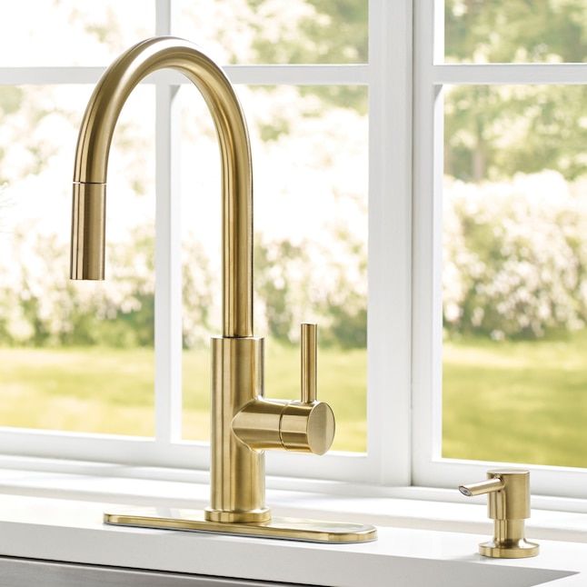 allen + roth Harlow Brushed Gold Single Handle Pull-down Kitchen Faucet with Sprayer added by Jayme Weaver