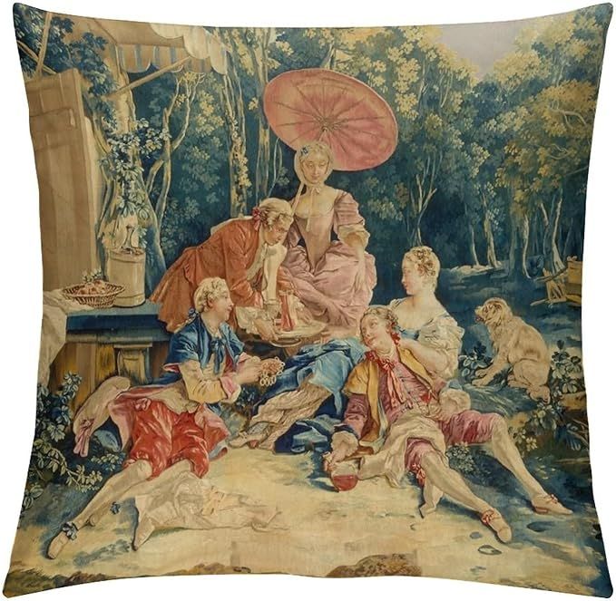 French Antique Aubusson Tapestry Pastoral Picnic Throw Pillow Case Square Cozy Pillow Cover Home Decor for Living Room Sofa Car Cushion 18''X 18'' added by SABi iNTERIORS