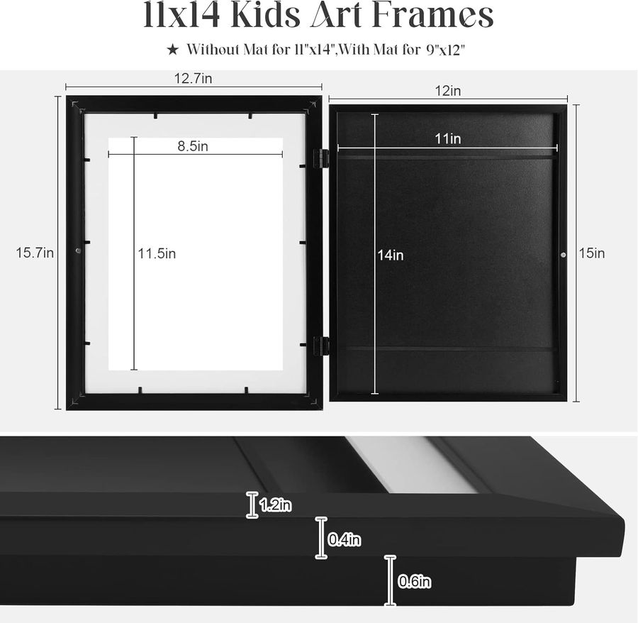 2-Pack Kids Art Frames, 11x14 Front Opening Kids Artwork Frames Changeable, Displays 9x12 With Mat and 11x14 Without Mat, Holds 50 Pcs, for 3D Picture, Crafts, Children Drawing, Hanging Art, Portfolio added by Kate Lynn Nemett