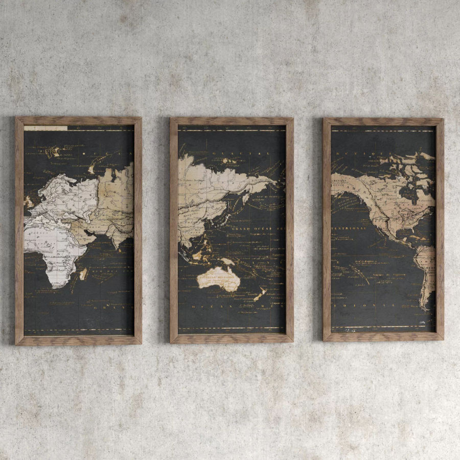 World Map In Gold And Gray by Elizabeth Medley - 3 Piece Picture Frame Graphic Art added by Spoak Member