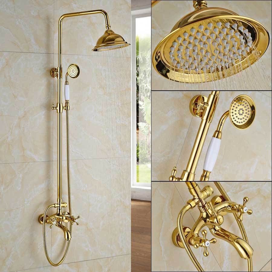 Index Bath Golden Brass Shower Faucet With Dual Handle 8' Rainfall Showerhead System Set added by Spoak Member