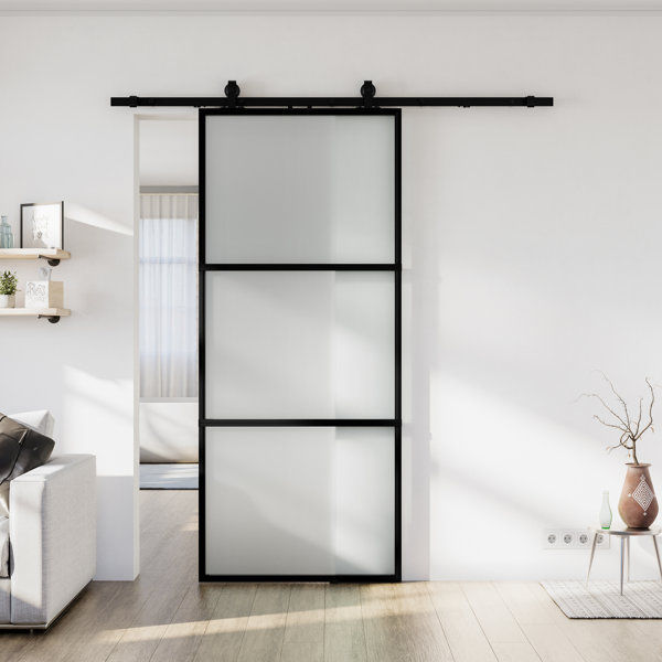 84" Glass and Metal Finished Barn Door with Installation Hardware Kit ( Soft-close Included) added by Kelli French