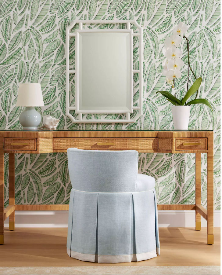 Harrison Vanity Chair in Sky Washed Linen with White Belgian Linen Piping & Border added by Stephanie Northrop