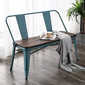 MELLCOM Metal Bench Industrial Mid-Century 3 Person Chair with Wood Seat,Dining Bench with Floor Protector,Blue added by Jennifer Boyt