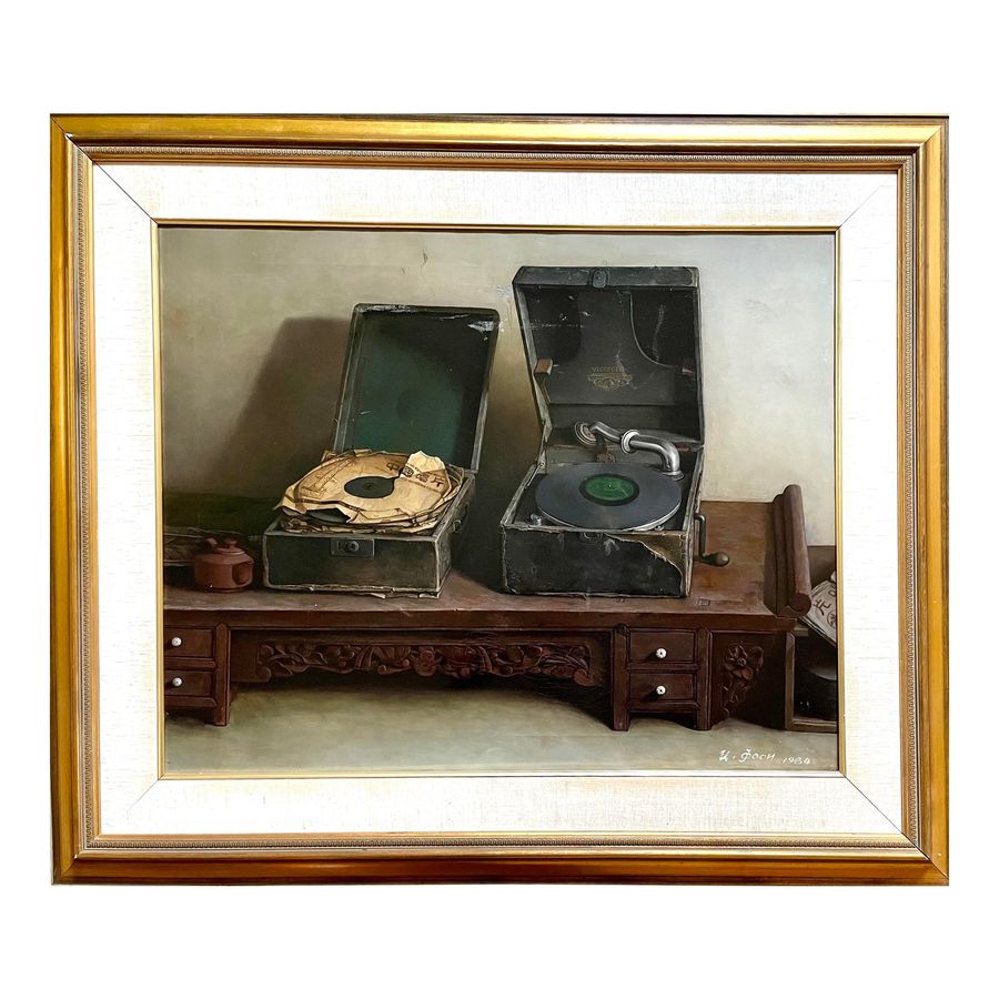1984 Dutch Style Chinese School Still Life Oil Painting of Victoria Record Players - Signed by Artist added by Linnea Garland