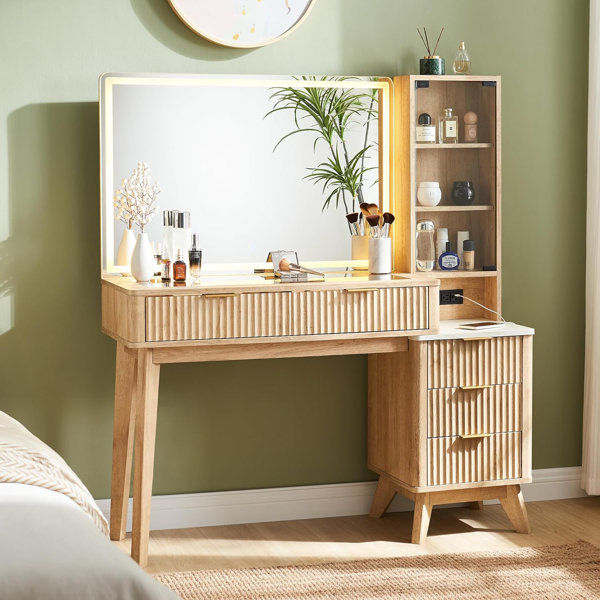 Carsin 48" Fluted Makeup Vanity Desk with 36" Big Lighted Mirror, Glass Top, Charging Station added by Chanel Durand