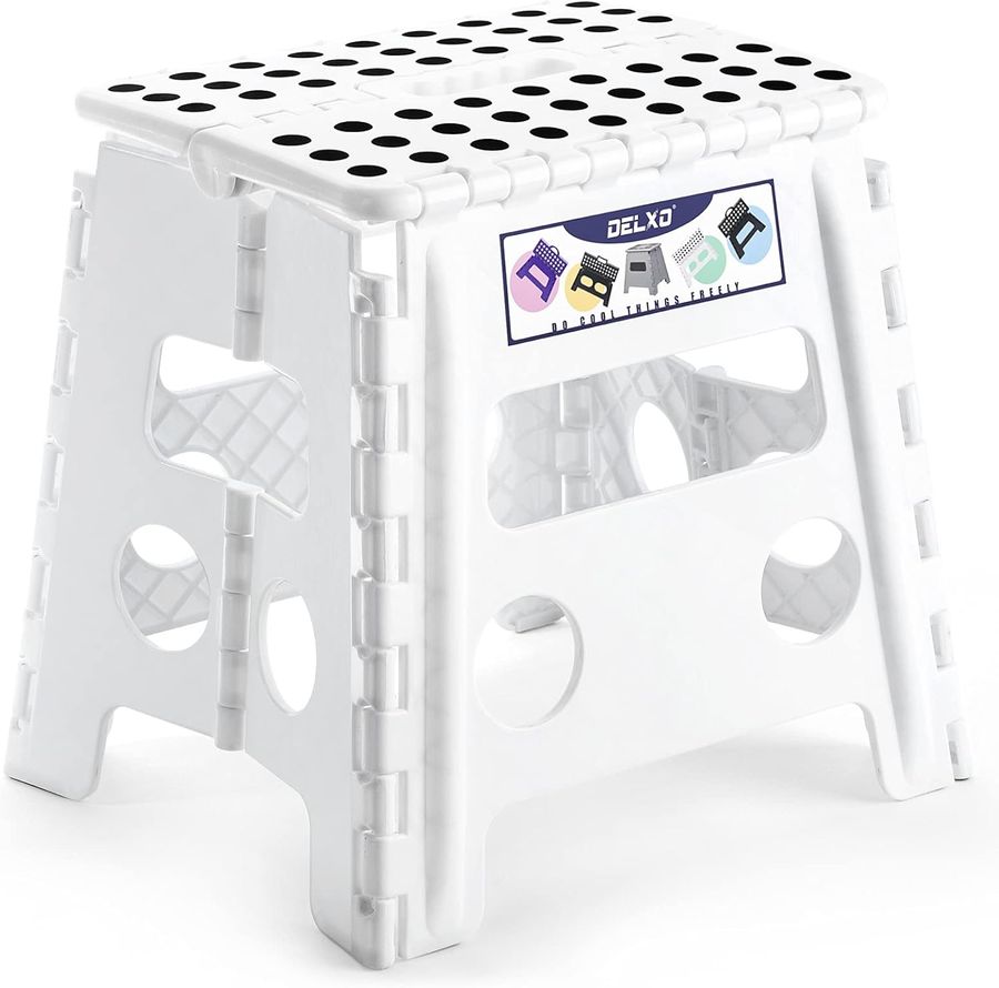 Delxo 13" Folding Step Stool for Kids and Adults, Non-Slip Foldable Step Stools with Handle,Plastic Portable Folding Stool for Bathroom,Bedroom,Kitchen,Hold up to 300lbs White added by Rachel Fedorov