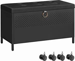 SONGMICS Storage Bench, Flip Top Storage Ottoman with 2 Safety Hinges, Sturdy Storage Chest with Cushion, for Entryway, Bedroom, Supports 286 lb, Matte Black ULSB901B01 added by Spoak Member