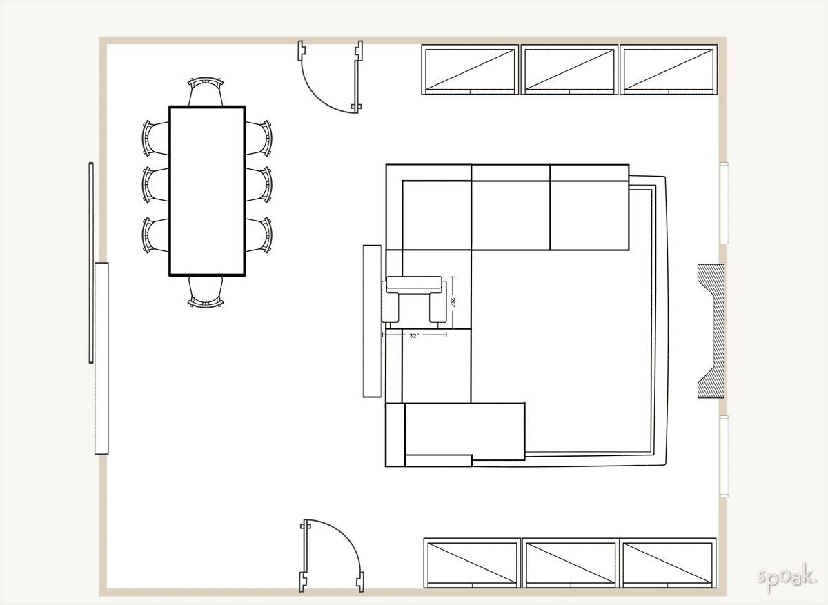 Square Living + Dining Room Plan designed by Katie Wilson