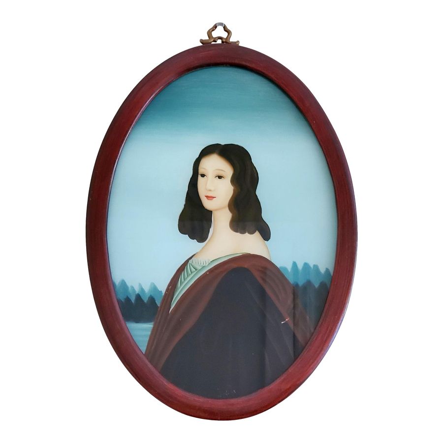 Early 20th Century "Woman in Robin's Egg Blue" Japanese Reverse Portrait on Glass, Framed added by Jorie Braunold