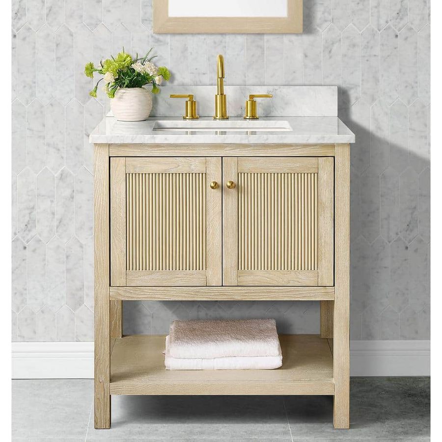 Home Decorators Collection Arcott 31 in W x 22 in D x 35 in H Single Sink Fluted Bath Vanity in Natural Wood With Carrara Marble Top TH1048 - The Home Depot added by Sarah Jackson