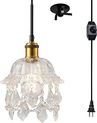 KAIQI Vintage Plug in Pendant Light Crystal Pendant Hanging Lights with Plug in Cord Clear Glass Shade,Modern Plug in Chandelier Lighting Fixture for Kitchen Island Dining Room, 15Ft Cord Adjustable added by Sarah Fleet