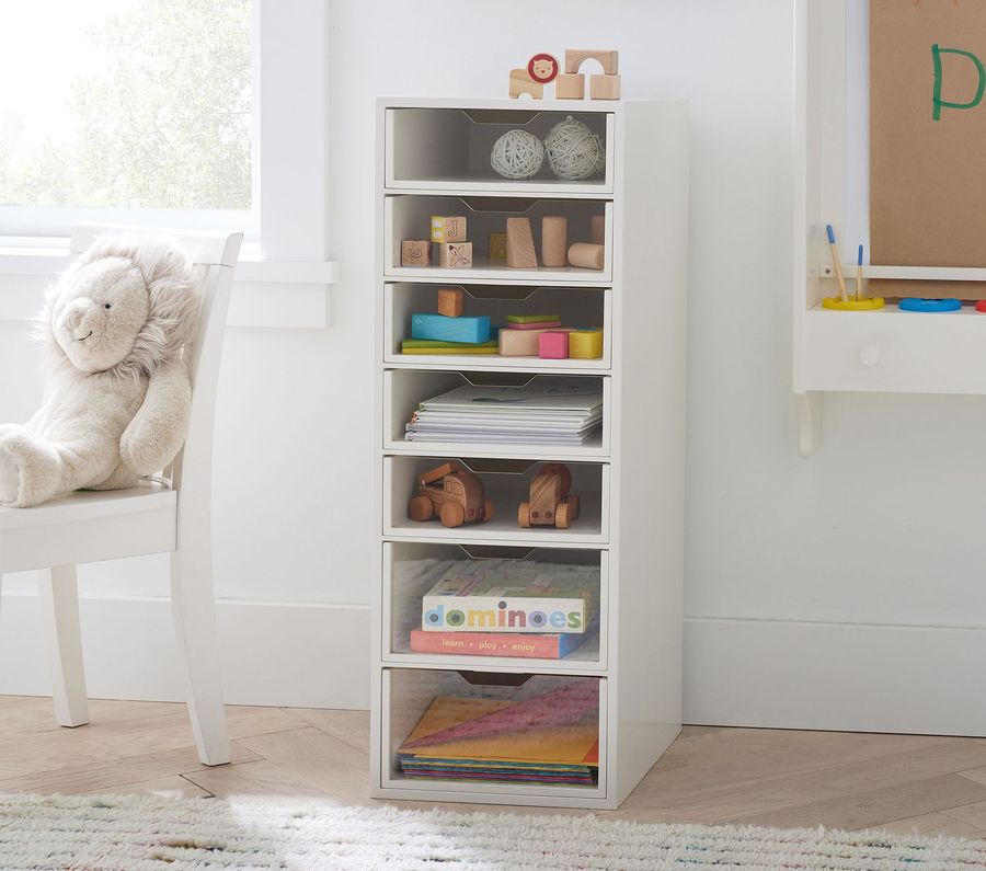 Wood and acrylic playroom storage tower added by Kelsey Abberger