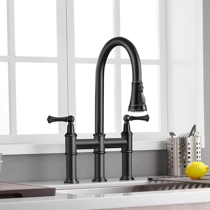 ARRISEA Heritage Bridge Kitchen Faucet with Pull-Down Sprayhead 2 Handle 8 Inch Faucet for Kitchen Sinks 3 Hole Kitchen Sink Faucet Fingerprint Resistant Spot Free Matte Black added by Jamie Moon