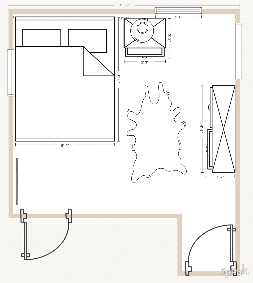 Medium L-Shaped Bedroom Floor Plan designed by Sandy Schargel Interiors