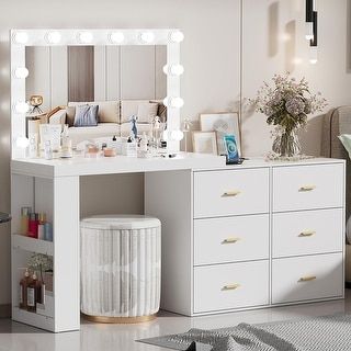 Makeup Vanity Desk with Mirror and 3-Color Lights,Charging Station - Bed Bath & Beyond - 38942657 added by Carley Chapdelaine