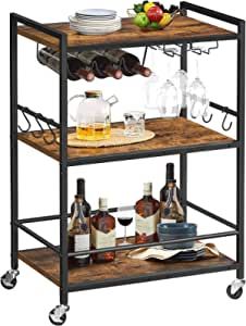 Bar Cart, Serving Cart for Home, Microwave Cart, Drink Cart, Mobile Kitchen Shelf with Wine Rack and Glass Holder, Rolling Beverage Cart for Living Room, Kitchen, Rustic Brown and Black BC01BB030 added by Spoak Member