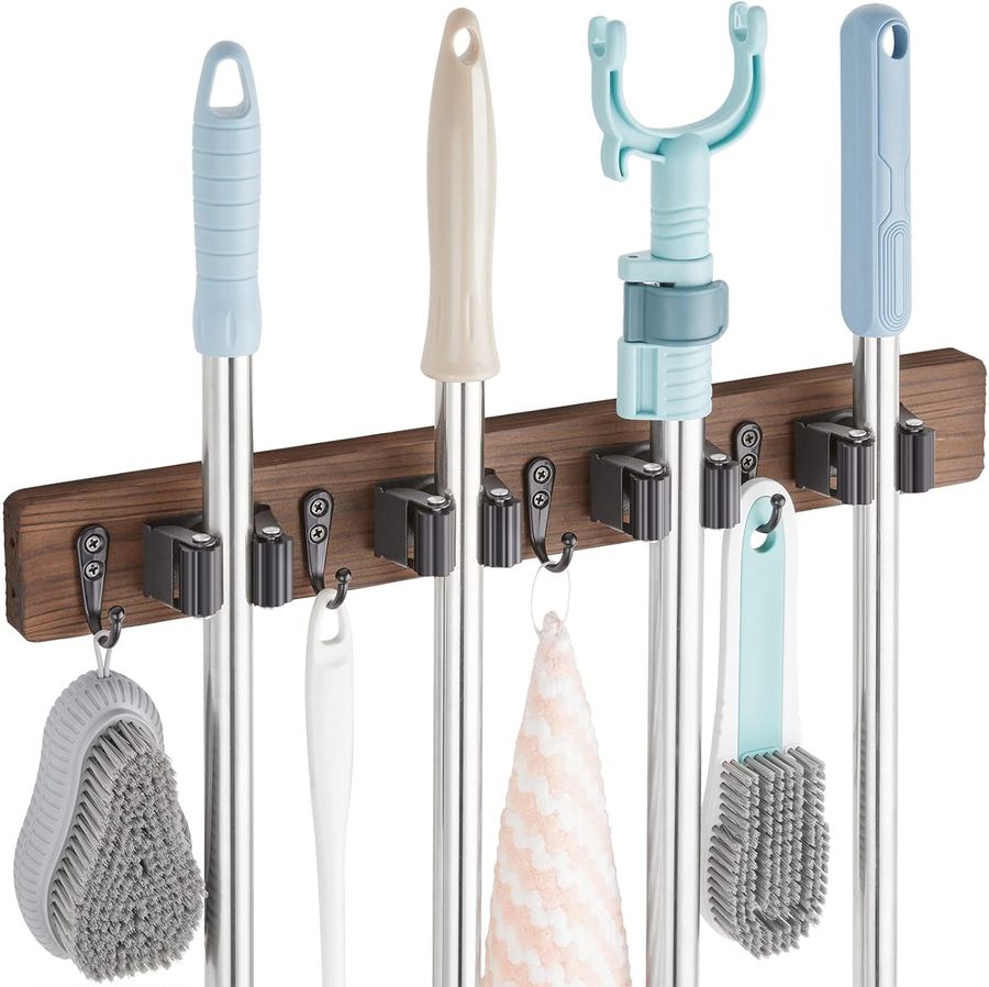 Mop and Broom Holder Wall Mount - Rustic Wood Broom Mop Hanger - Wall Mounted Garden Tool Rack Organizer for Closet Garage Laundry Room Kitchen Decor With 4 Slots & 4 Hooks added by Jessica Galasco