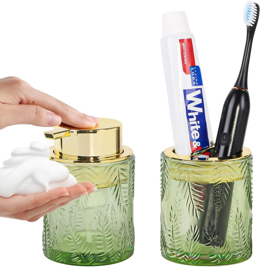 2pcs Glass Bathroom Accessories, Green Bathroom Set, Toothbrush Holder and Soap Dispenser, Gold Soap and Toothbrush Holder Set for Vanity Countertop Decor added by sallie tyler