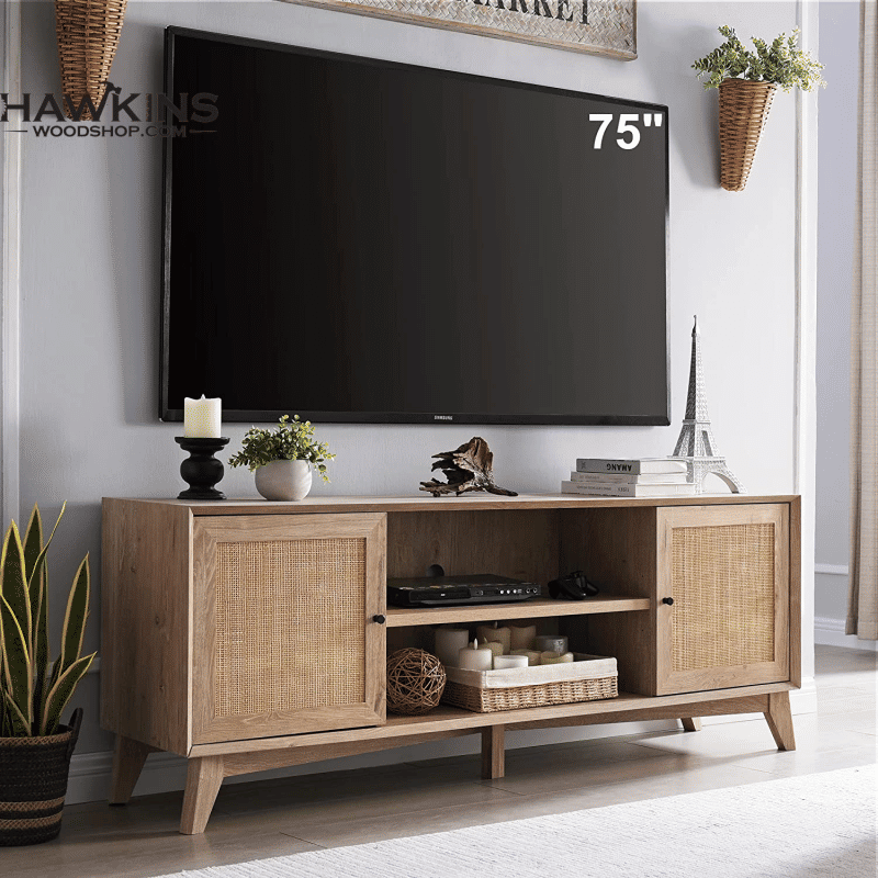 TV Stand for 75+ Inch TV, Mid Century Modern Entertainment Center with Natural Rattan Door, Storage Shelves, Large Boho Media TV Console, Long Television Stand for Living Room, Oak added by KATHERINE ECK