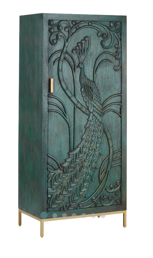 CRAFT Teal Carved Wood Peacock Storage Cabinet - World Market added by Anna Perry