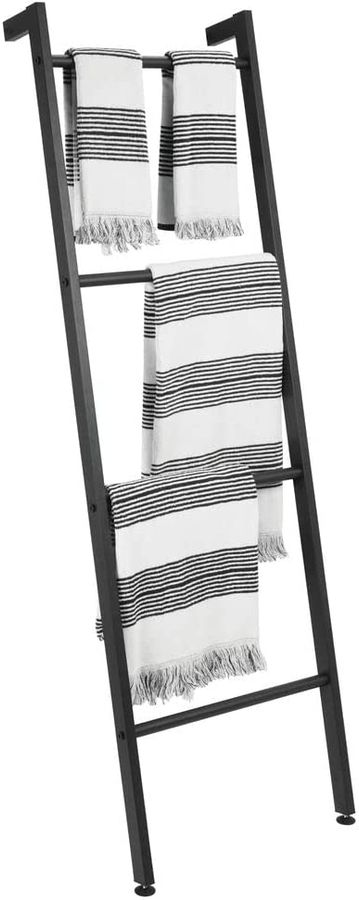mDesign Metal Free Standing Wall Leaning Decorative Bath Towel Rack Bar Storage Ladder - for Bathroom, Kitchen; Holds Towels, Blanket, Throw Blankets, Quilts - 4 Levels - Matte Black added by Olga Dragieva