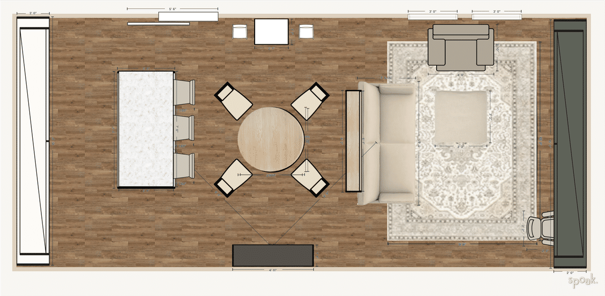 Rectanglar Living + Dining Room Plan designed by Devon Clemmons