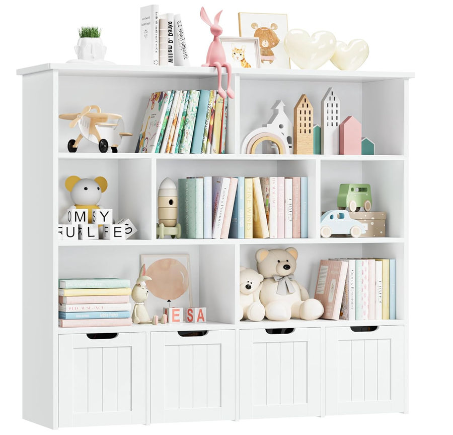 FINETONES Toy Storage Organizer, Large Toy Organizers and Storage with 4 Movable Drawers and 7 Storage Cubbies, Toy Chest Shelf Organizer with Hidden Wheels, Kids Bookshelf and Toy Storage added by Emily Cohen