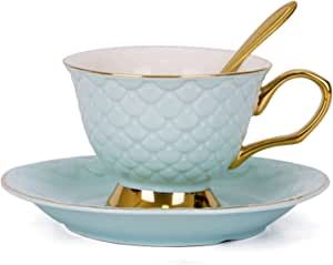 VanEnjoy Blue Vintage 8 Ounces Porcelain Coffee Cup, Tea Cup and Saucer Set and Saucer with Decorative Scale Pattern, vintage added by Nicole Groves Bridgeforth