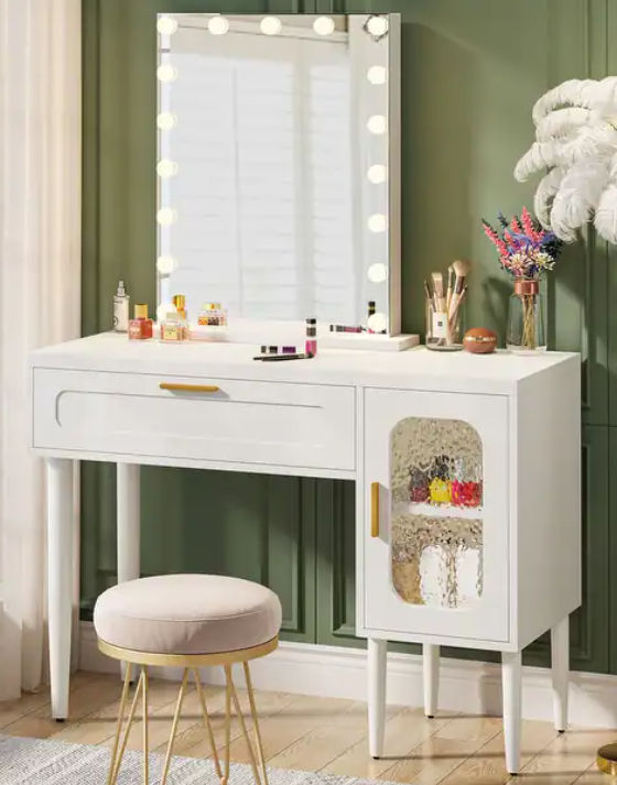 43" White Vanity Desk with Large Drawers and 2-Tier Storage Cabinet, Modern Makeup Desk for Bedroom - N/A - Bed Bath & Beyond - 38167045 added by Rachel Wertheimer