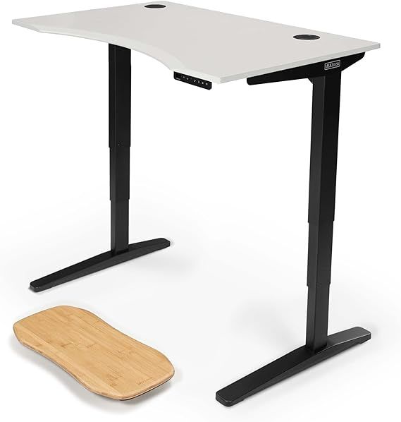 UPLIFT Desk White Eco Curve (48 x 30 inch) Standing Desk 2-Leg V2 Adjustable Stand Up C-Frame (Black), Advanced Keypad, Wire Grommets, Wire Tray, Rocker Board added by Sandy Schargel Interiors
