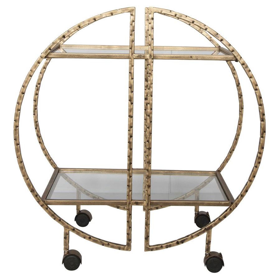 Zoe Hollywood Regency Antique Gold Frame Clear Tempered Glass Shelves Bar Cart added by erika grossman