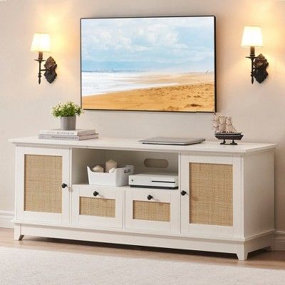 Rattan TV Stand for 70 Inch TV, Modern Entertainment Center, Boho TV Console with 2 Cabinets & Drawer, White TV Stand with Storage added by Kelly Edwards
