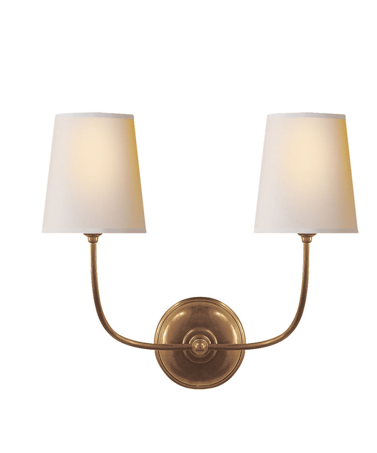 Vendome Double Wall Sconce, Antique Brassnatural paper lampshades added by Spoak 